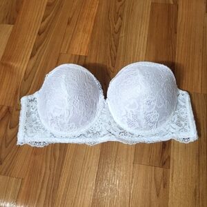 Bluxe Strapless Underwired Evenly Padded Lace Cup Longline Plunge Bra White 36C